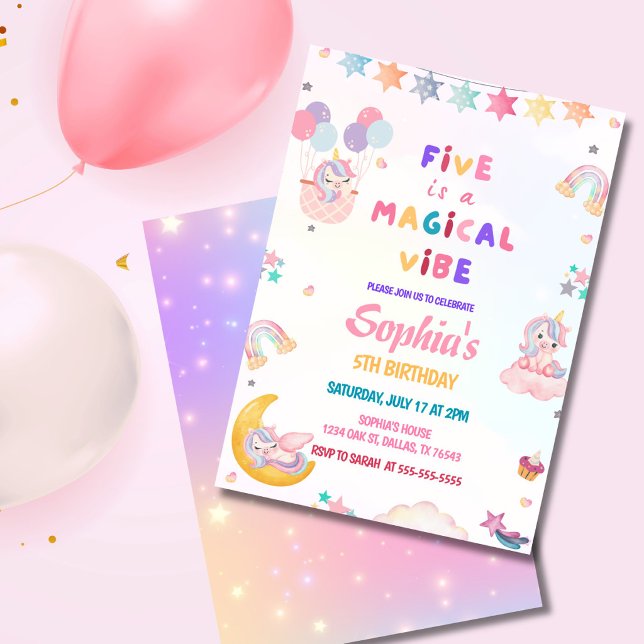 Enhörning Five är en magisk stämning  5-års födels Inbjudningar (.Five Is a Magical Vibe unicorn 5th birthday invitation with pastel rainbow theme.)