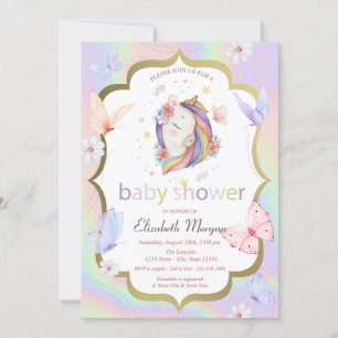 Enhörning fjäril holografisk baby shower med blomt inbjudningar