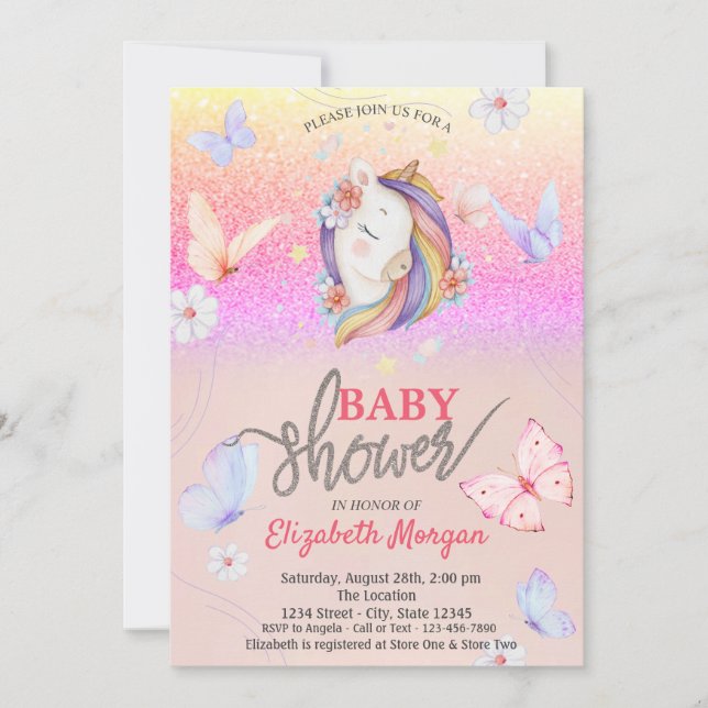 Enhörning fjärilar glitter baby shower inbjudningar (Framsida)
