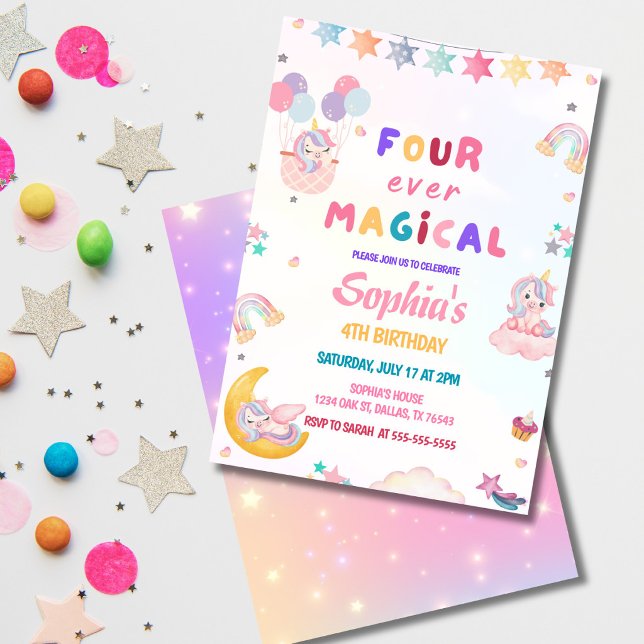 Enhörning Fyra  Alltid Magisk 4-årsfest  Inbjudningar (Four Ever Magical pastel unicorn 4th birthday invitation with rainbow and stars.)