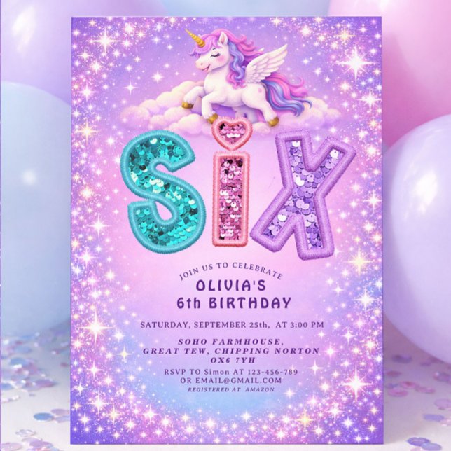 Enhörning Glitter 6-års födelsedags inbjudan för f (Skapare uppladdad)