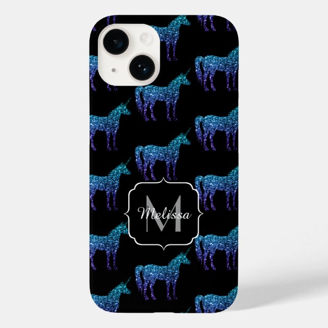 Enhörning Glitter aqua blå ombre mönster Monogram (Baksida)