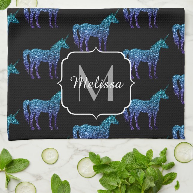 Enhörning Glitter aqua blå ombre mönster Monogram Kökshandduk (Vikta)