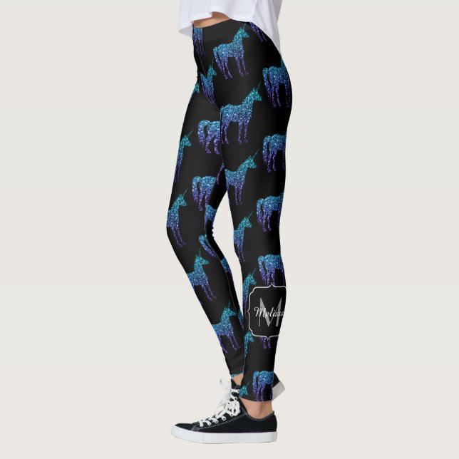 Enhörning Glitter aqua blå ombre mönster Monogram Leggings (Vänster)