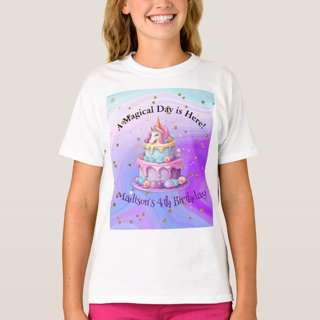 Enhörning Glitter Blå Lila Tårta 4-års Födelsedag T Shirt (Framsida)