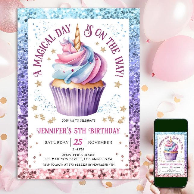 Enhörning Glitter Regnbåge Cupcake | 5-årsdag Inbjudningar (#UnicornBirthdayInvitation #UnicornBirthdayInvitationTemplate #UnicornBirthdayInvitationEditable )