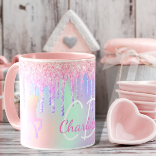 Enhörning glitter rosa holografisk monogram namn mugg