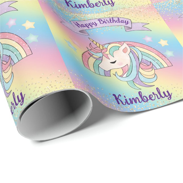 Enhörning & Gnistrande regnbåge med guldglitter Presentpapper (Rullad Hörn)