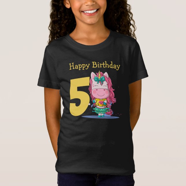 Enhörning gul 5-års födelsedags T-Shirt (Framsida)