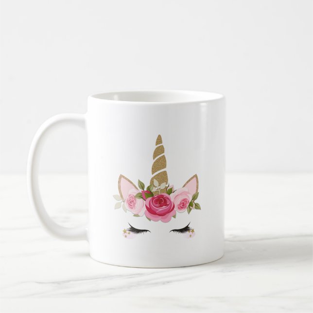 Enhörning Guld Rosa Blommig Söt Trendig Kaffemugge Kaffemugg (Vänster)