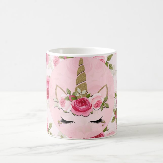 Enhörning Guld Rosa Blommiga Rosor Söt Trendig Kaffemugg (Center)