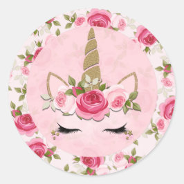 Enhörning Guld Rosa Blommiga Rosor Söta Trendiga Runt Klistermärke