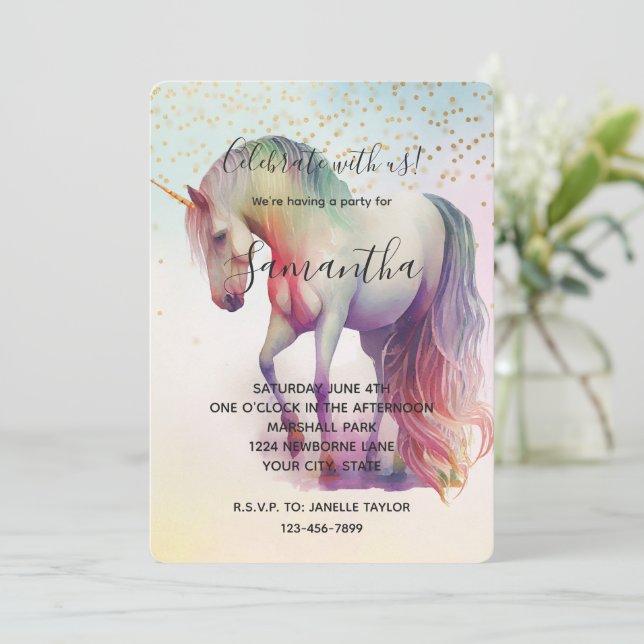 Enhörning Guldkonfetti Glitter Födelsedag Inbjudningar (Stående Fram)