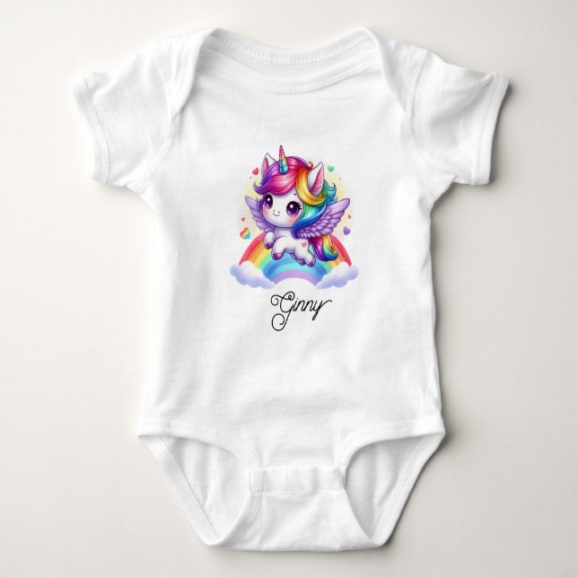 Enhörning hoppar över regnbåge t shirt (Framsida)