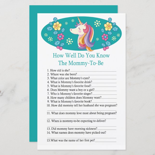 Enhörning Hur väl känner du till babyshower-spelet (Fram/baksida)