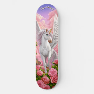 Enhörning i rosa himmel med rosor fantasykonst mini skateboard bräda 18,5 cm