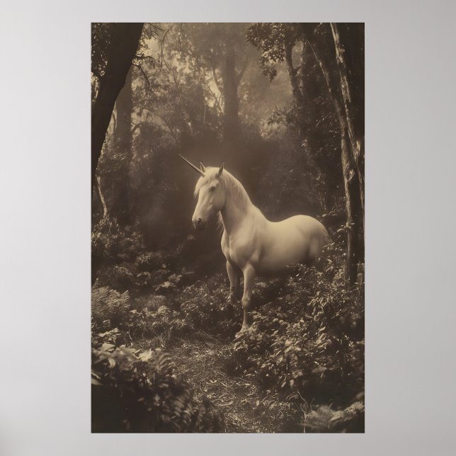 Enhörning i Skog Fotografisktryck Mörk Akademi Poster (Framsidan)