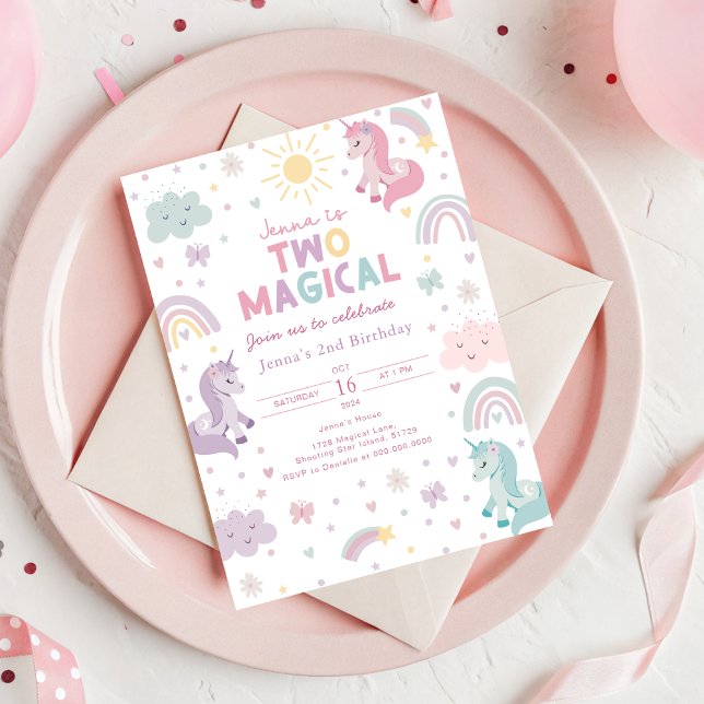 Enhörning Inbjudan Två Magiska. Flickor 2-årsdag (Unicorn 2nd Birthday Invitation)