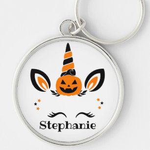 Enhörning Jack O Lantern med namn Rund Silverfärgad Nyckelring