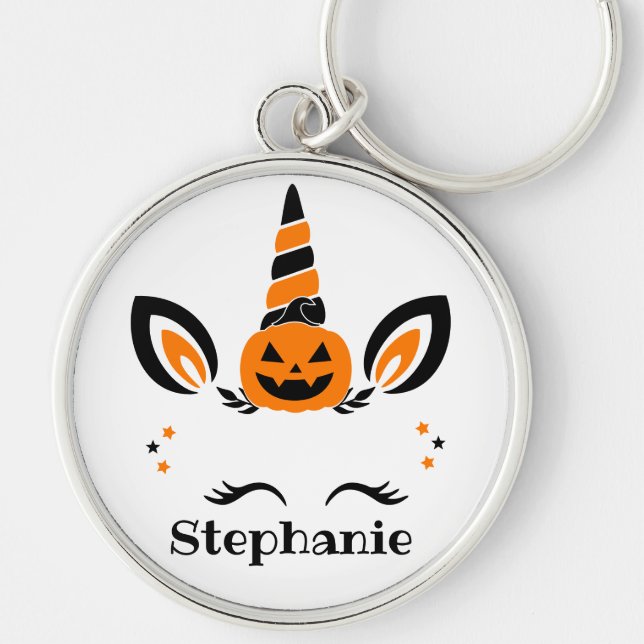 Enhörning Jack O Lantern med namn Rund Silverfärgad Nyckelring (Framsidan)