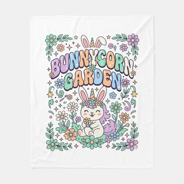 Enhörning Kanin Trädgård Kawaii Typografi Design_ Fleecefilt (Framsidan)