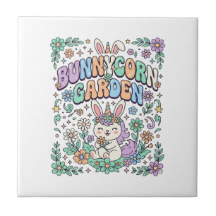 Enhörning Kanin Trädgård Kawaii Typografi Design_ Kakelplatta