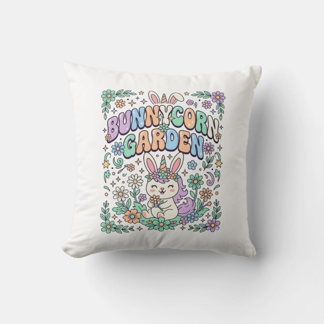 Enhörning Kanin Trädgård Kawaii Typografi Design_ Kudde (Framsida)