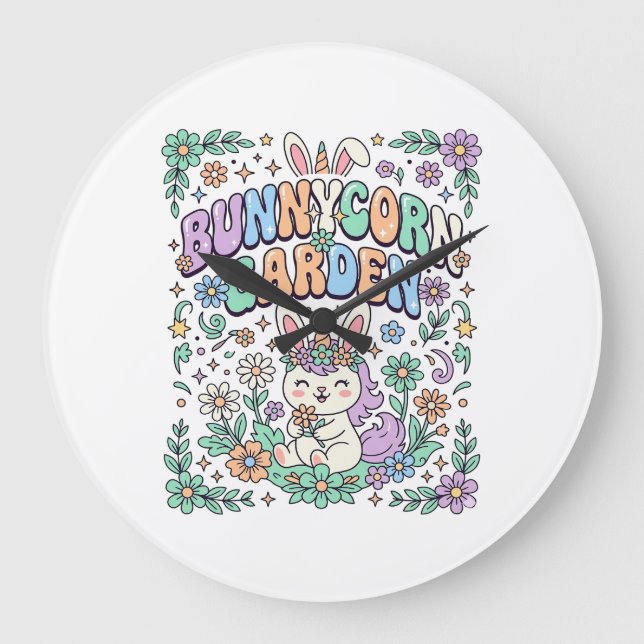 Enhörning Kanin Trädgård Kawaii Typografi Design_ Stor Klocka (Framsida)