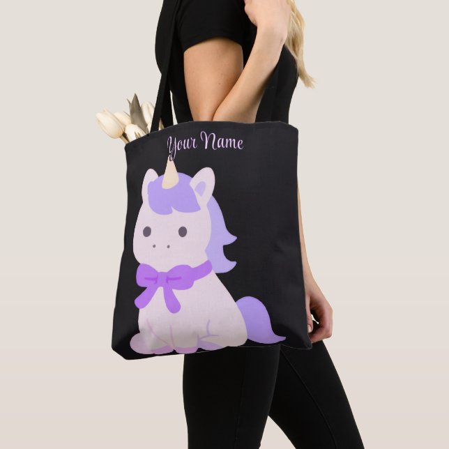 Enhörning Lila Båge Söt Kawaii Svart Anpassningsba Tygkasse (Närbild)