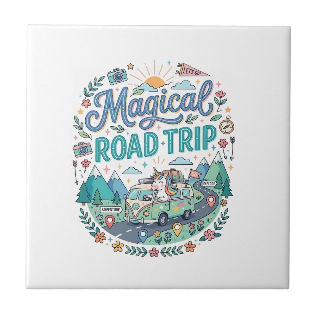 Enhörning Magisk Road Trip Print Klar POD Konst_ Kakelplatta (Framsidan)