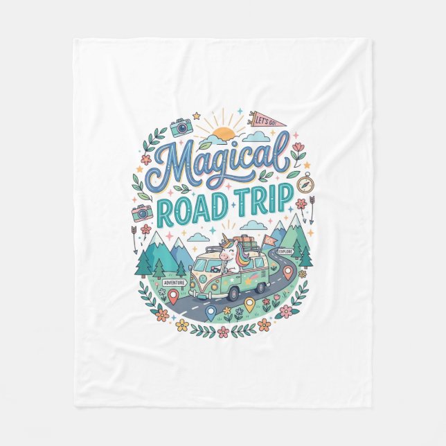 Enhörning Magisk Road Trip Utskriftsklar POD Konst Fleecefilt (Framsidan)