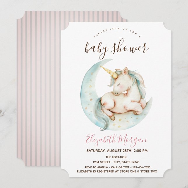 Enhörning Månad Rosa Ränder Baby Shower   Inbjudningar (Fram/baksida)