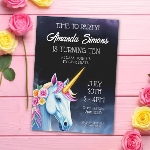 Enhörning med blommor Rosa flicka 10-årsdag under Inbjudningar