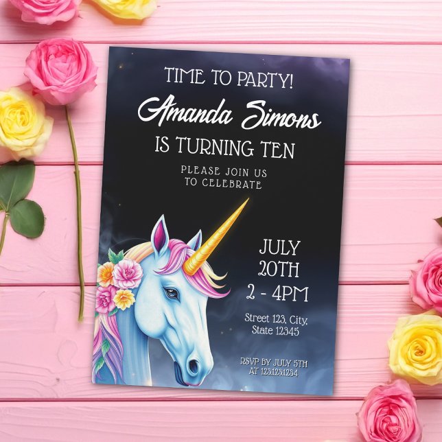 Enhörning med blommor Rosa flicka 10-årsdag under  Inbjudningar (Skapare uppladdad)