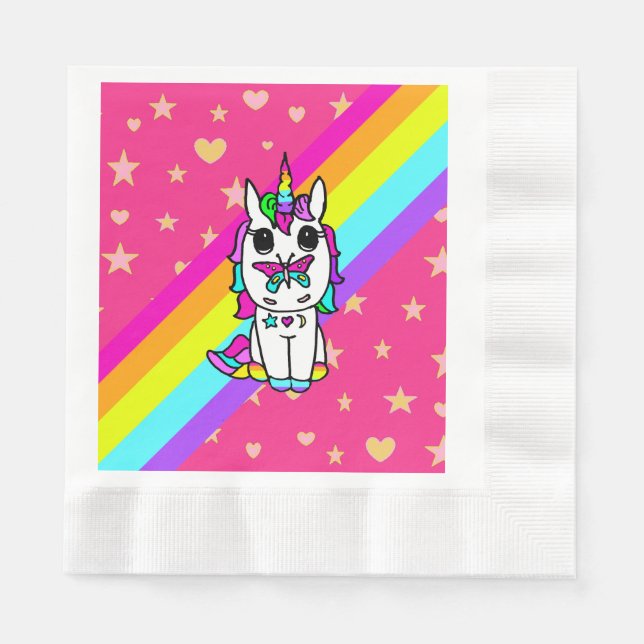 Enhörning med fjäril på näsa regnbåge sprinkles pappersservett (Framsidan)
