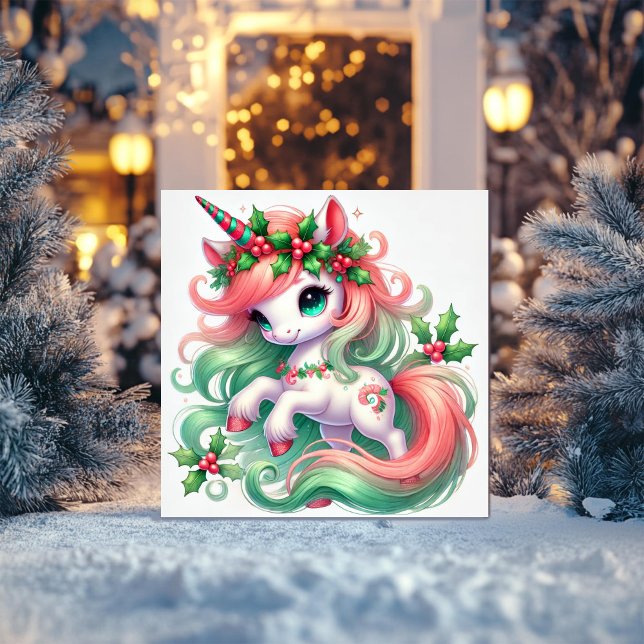 Enhörning med julpynt i rött och grönt julkort (Skapare uppladdad)