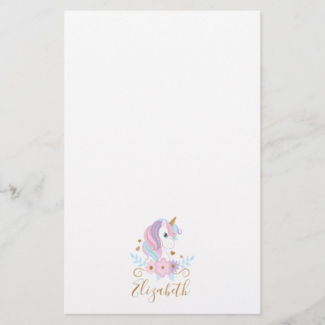 Enhörning med monogram Rosa Blått Guld, Tjejig Brevpapper (Framsida)