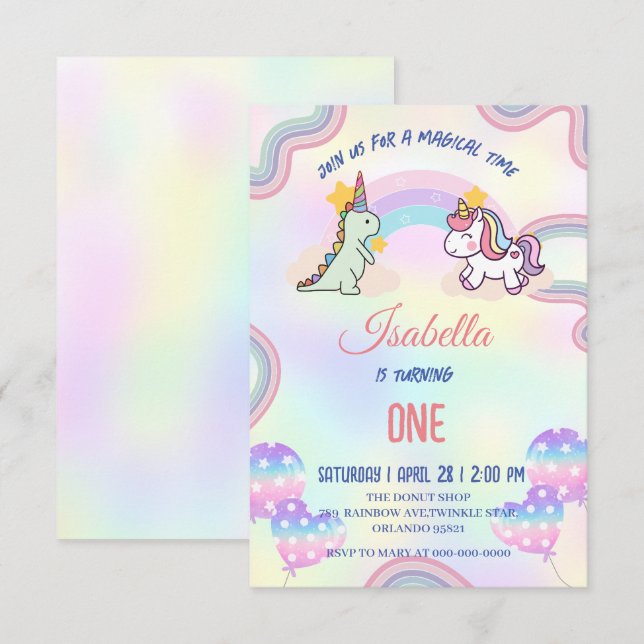 Enhörning med regnbåge & dinosaurievänner födelsed tack kort (Fram/baksida)