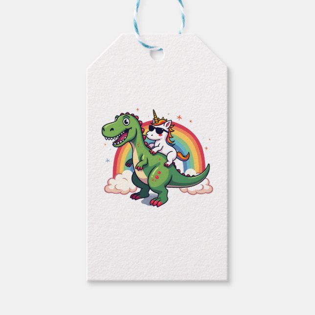 Enhörning med regnbåge ridande T rex - Dinosaurie  Presentetikett (Framsidan)