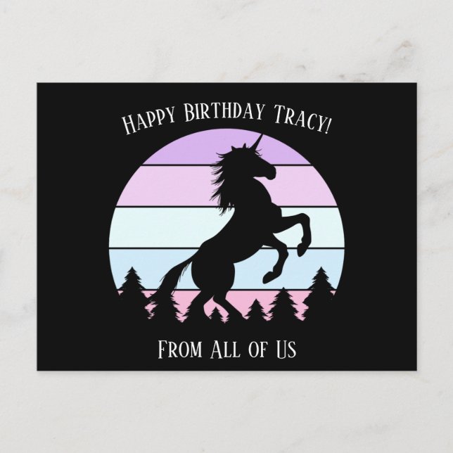 Enhörning med solnedgång bakom, upprätt namn datum vykort (Framsida)