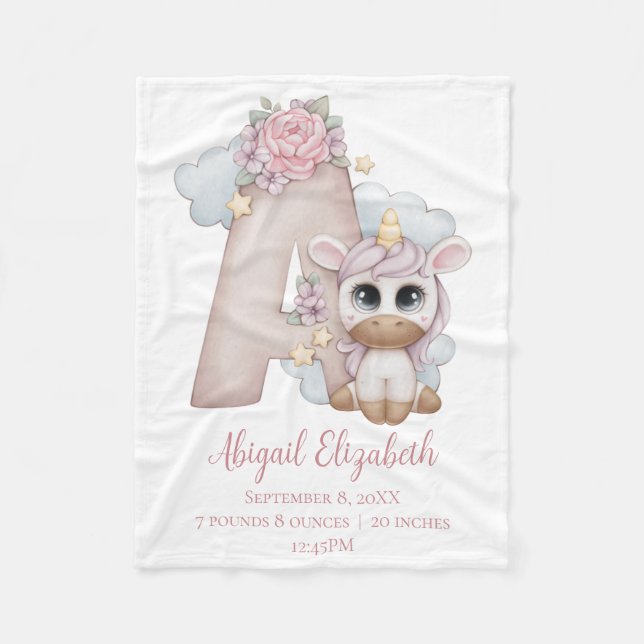 Enhörning Monogram Bokstav A Rosa Babyflicka Prese Fleecefilt (Framsidan)