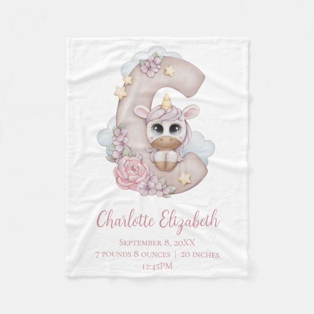 Enhörning Monogram Bokstav C Rosa Babyflicka Prese Fleecefilt (Framsidan)