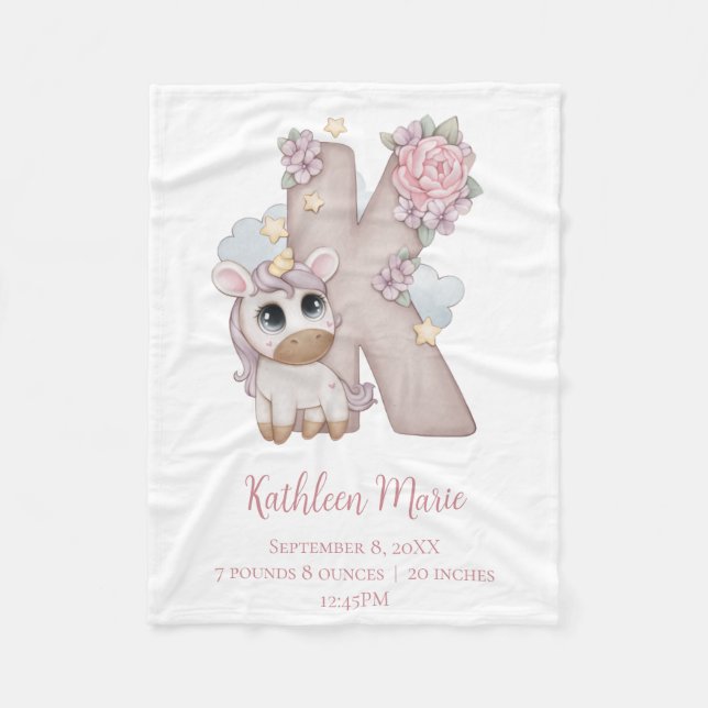 Enhörning Monogram Bokstav K Rosa Babyflicka Prese Fleecefilt (Framsidan)