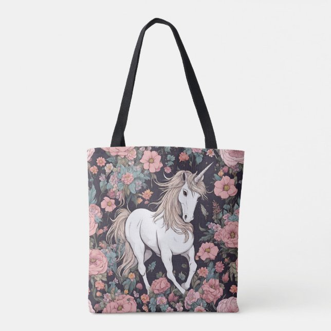 Enhörning Myttisk Djur Blommor Tote Tygkasse (Baksida)