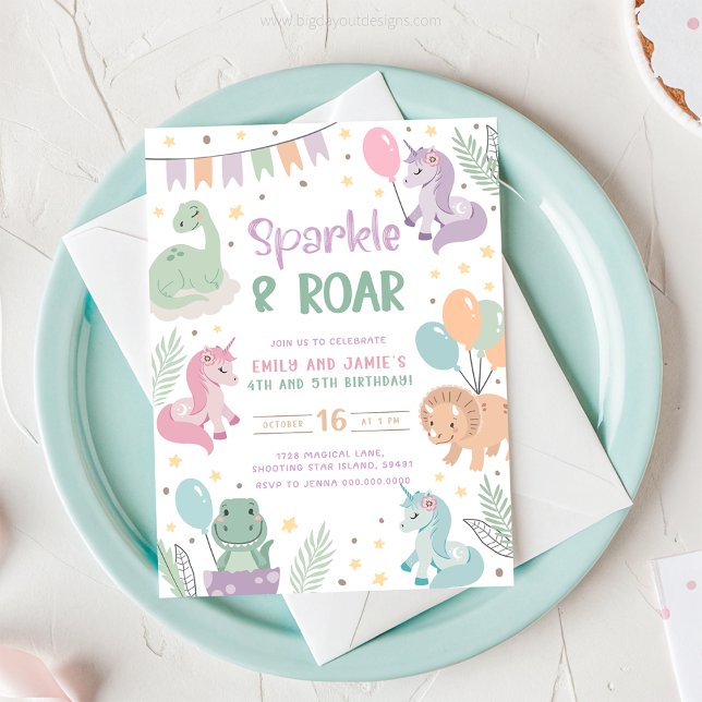 Enhörning och dinosaurie-inbjudningar. Redigerbar  Inbjudningar (Unicorn and Dinosaur Sparkle and Roar - Joint Birthday Invitation)