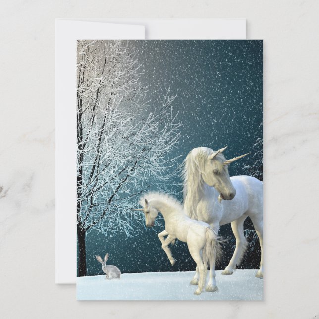 Enhörning och föl Vinterscen Snö Högtid Julkort (Framsida)