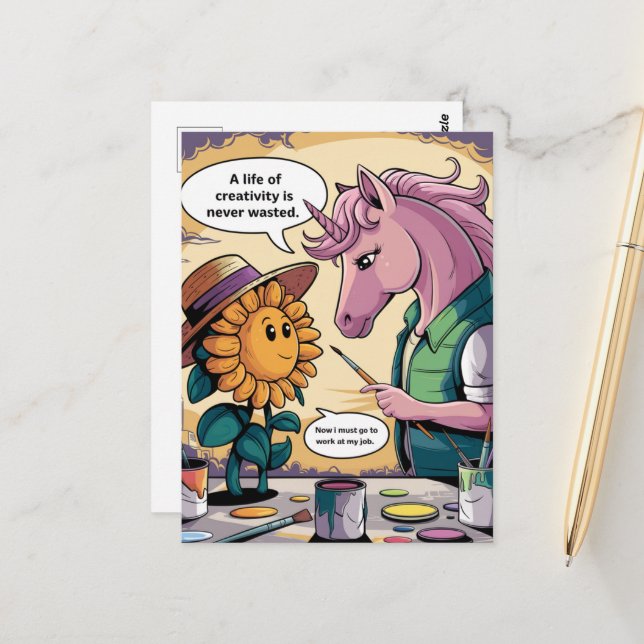 Enhörning och solros En kreativ livsstil Tecknad s Vykort (Fram/Back In Situ)