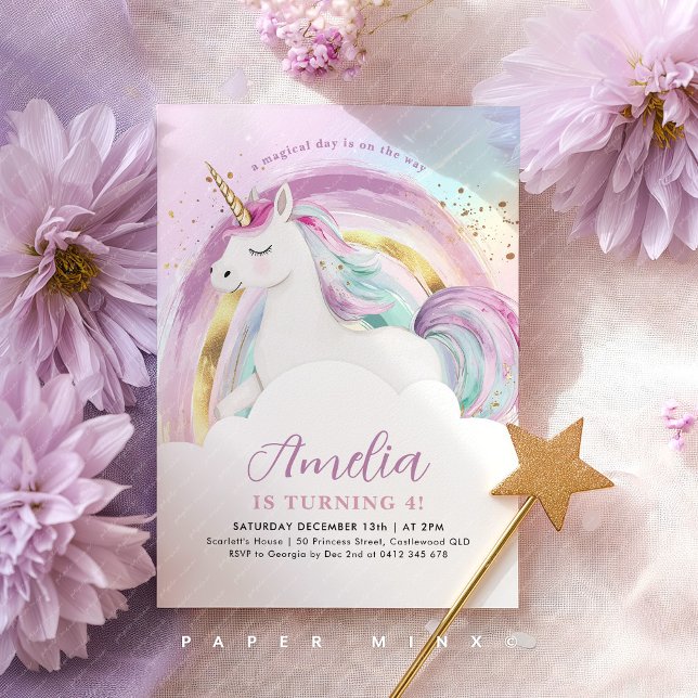 Enhörning Pastell Regnbåge Flicka Födelsedag Inbjudningar (Girl's Unicorn Pastel Rainbow Birthday Invitation)