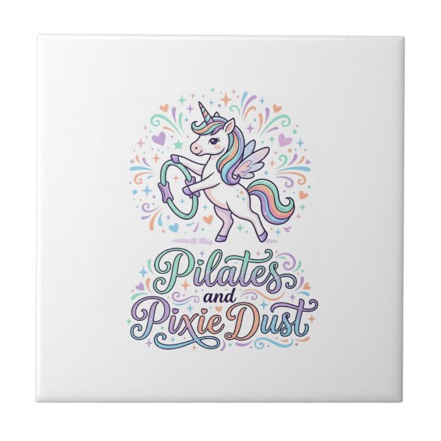 Enhörning Pilates och Pixie Dust Vit Bakgrund Ve Kakelplatta (Framsidan)