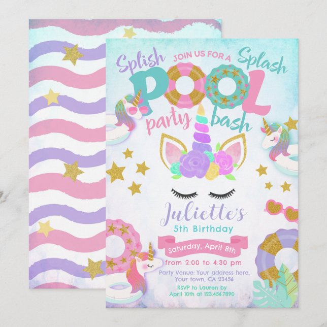 Enhörning Poolparty Inbjudningar (Fram/baksida)